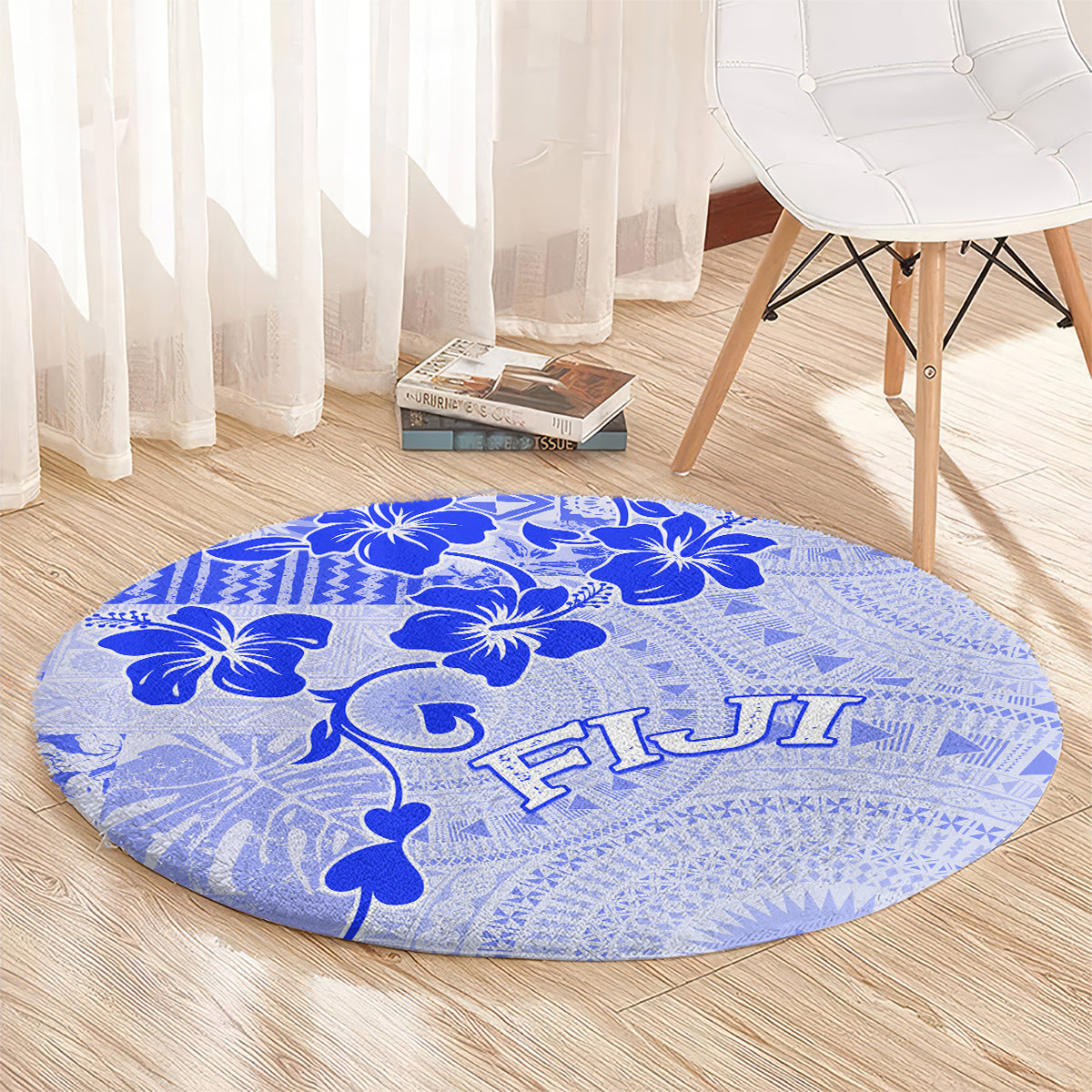 Fiji Masi With Hibiscus Tapa Tribal Round Carpet Blue Pastel LT01 - Polynesian Pride