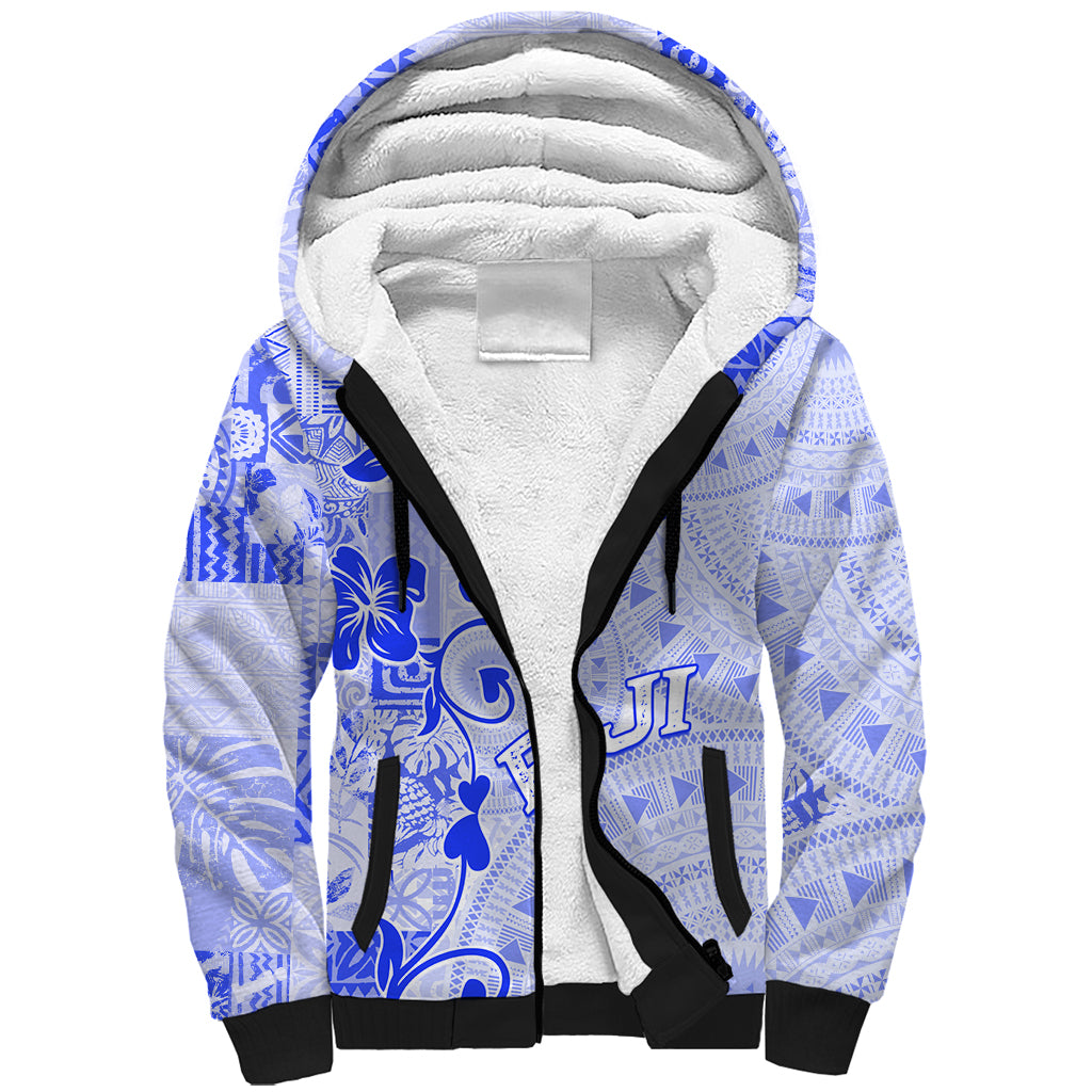 Fiji Masi With Hibiscus Tapa Tribal Sherpa Hoodie Blue Pastel LT01 Unisex Blue - Polynesian Pride