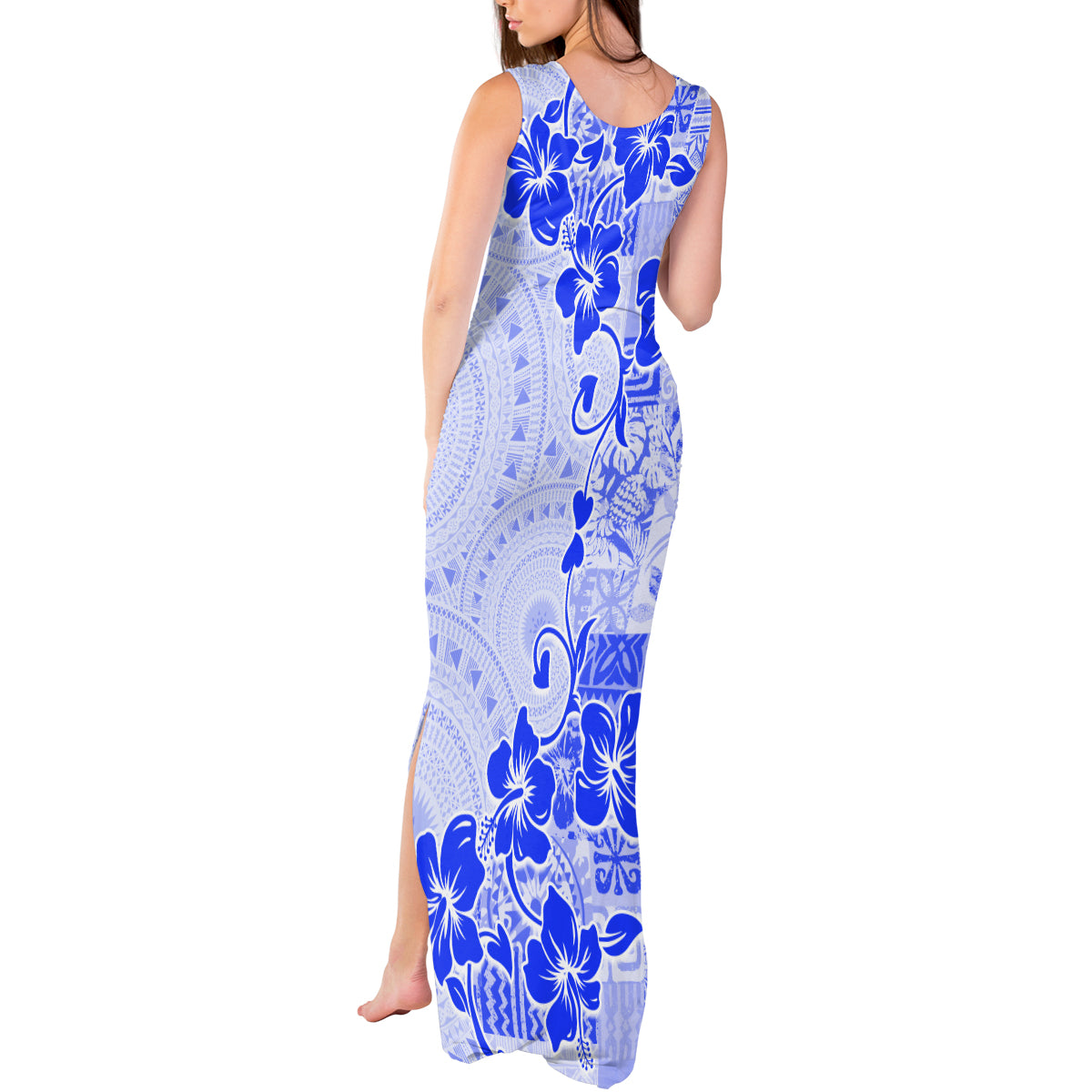 Fiji Masi With Hibiscus Tapa Tribal Tank Maxi Dress Blue Pastel LT01 - Polynesian Pride