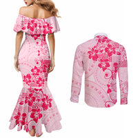 Fiji Masi With Hibiscus Tapa Tribal Couples Matching Mermaid Dress and Long Sleeve Button Shirt Pink Pastel LT01 - Polynesian Pride