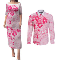 Fiji Masi With Hibiscus Tapa Tribal Couples Matching Puletasi Dress and Long Sleeve Button Shirt Pink Pastel LT01 Pink - Polynesian Pride