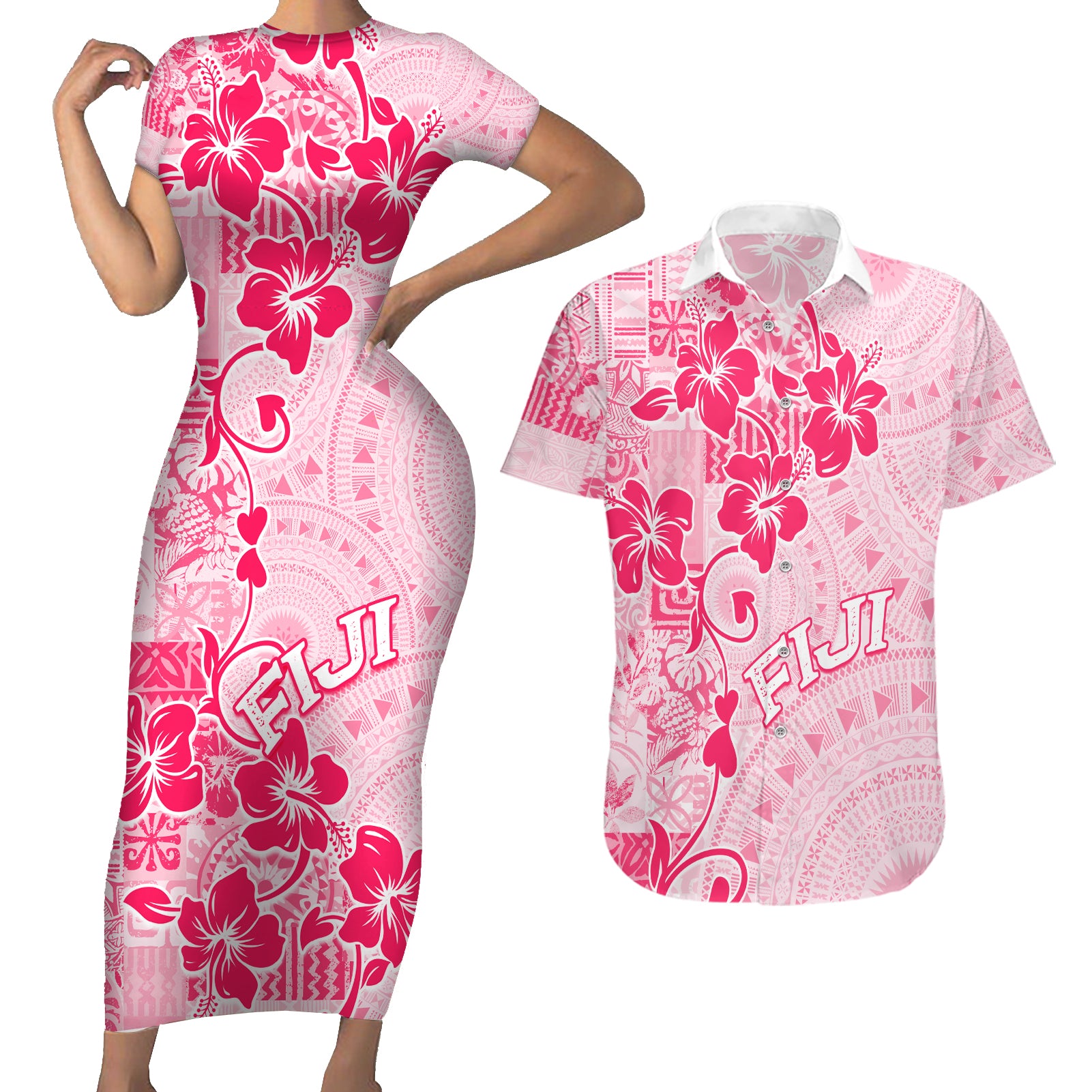 Fiji Masi With Hibiscus Tapa Tribal Couples Matching Short Sleeve Bodycon Dress and Hawaiian Shirt Pink Pastel LT01 Pink - Polynesian Pride