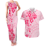 Fiji Masi With Hibiscus Tapa Tribal Couples Matching Tank Maxi Dress and Hawaiian Shirt Pink Pastel LT01 Pink - Polynesian Pride