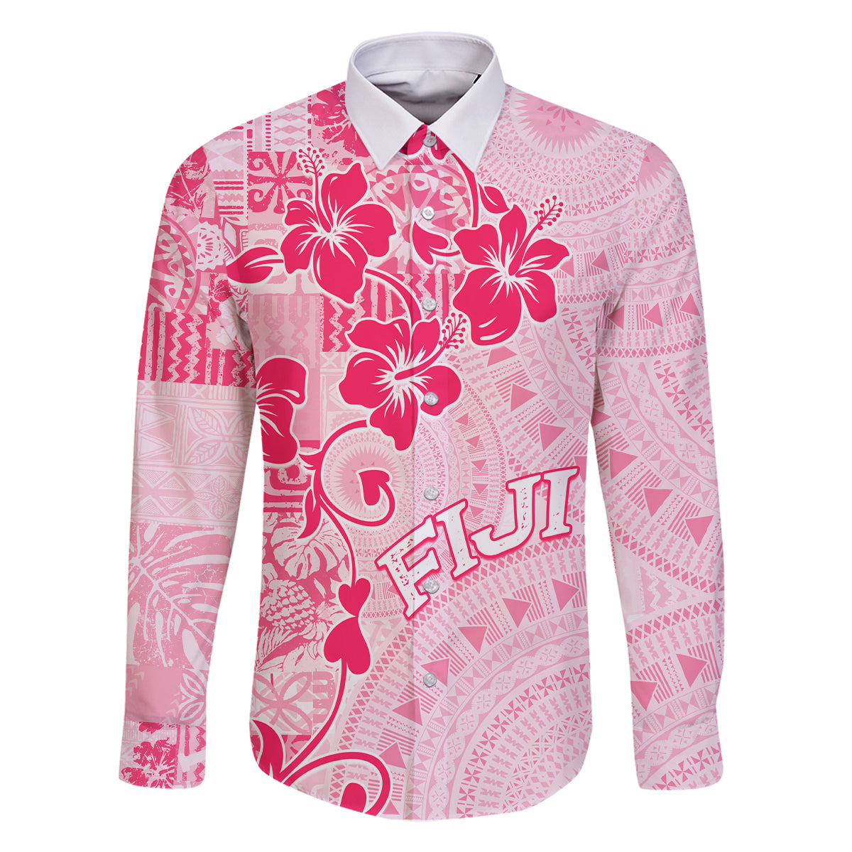 Fiji Masi With Hibiscus Tapa Tribal Family Matching Long Sleeve Bodycon Dress and Hawaiian Shirt Pink Pastel LT01 Dad's Shirt - Long Sleeve Pink - Polynesian Pride