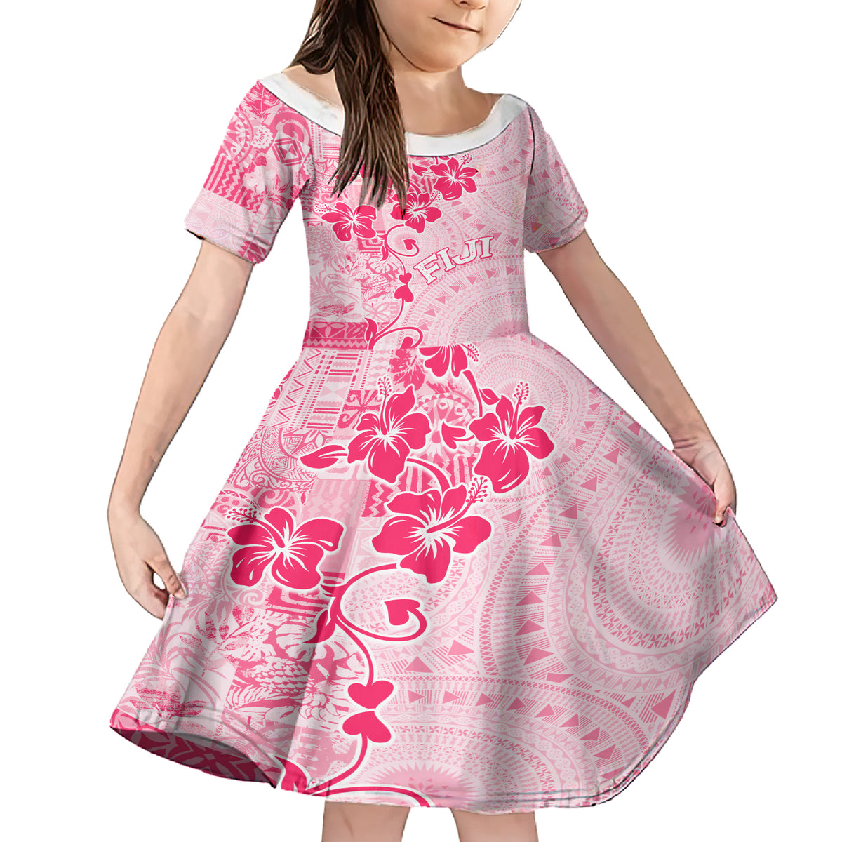 Fiji Masi With Hibiscus Tapa Tribal Family Matching Short Sleeve Bodycon Dress and Hawaiian Shirt Pink Pastel LT01 Daughter's Dress Pink - Polynesian Pride
