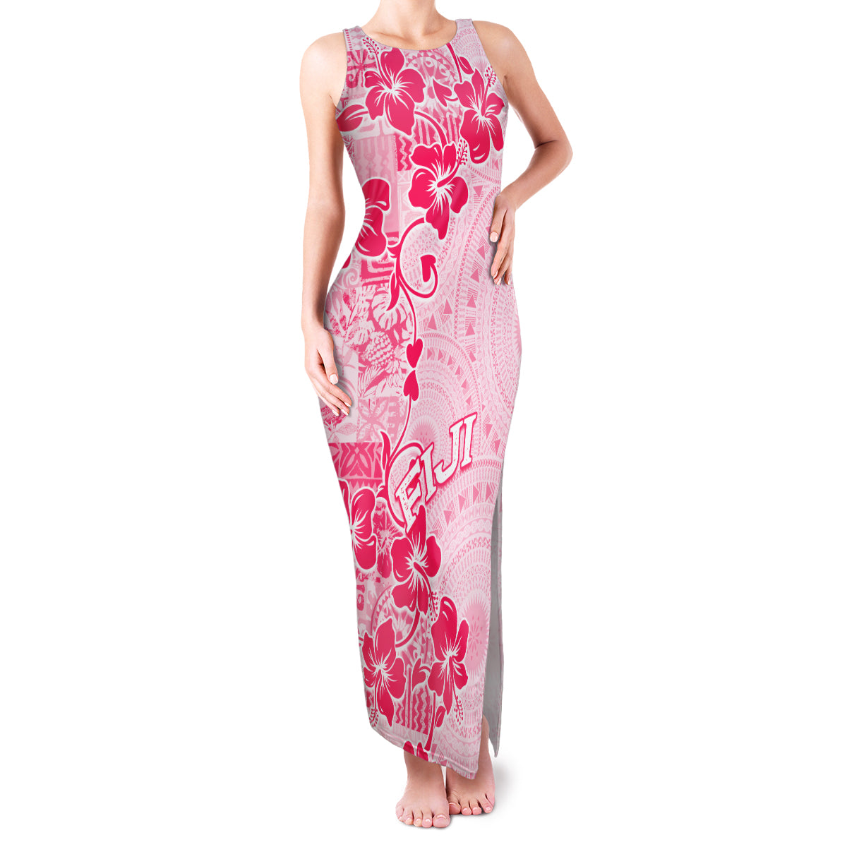 Fiji Masi With Hibiscus Tapa Tribal Family Matching Tank Maxi Dress and Hawaiian Shirt Pink Pastel LT01 Mom's Dress Pink - Polynesian Pride