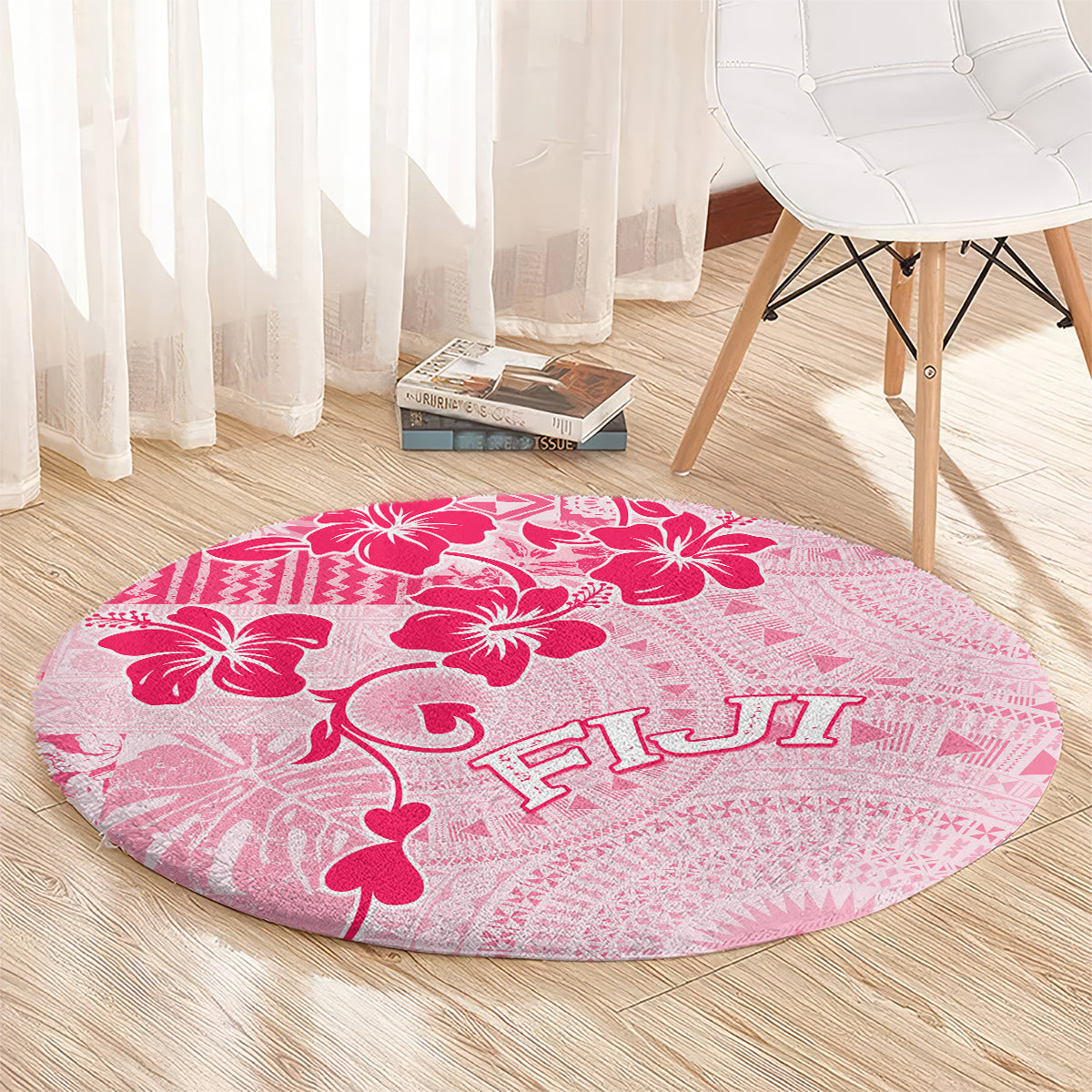 Fiji Masi With Hibiscus Tapa Tribal Round Carpet Pink Pastel LT01 - Polynesian Pride