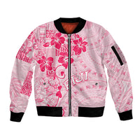 Fiji Masi With Hibiscus Tapa Tribal Sleeve Zip Bomber Jacket Pink Pastel LT01 Unisex Pink - Polynesian Pride