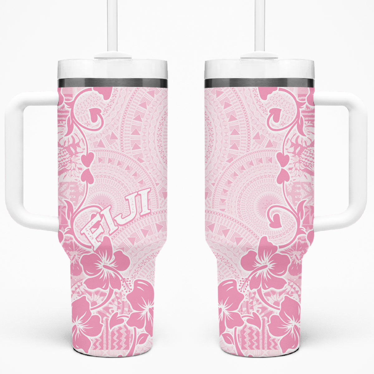 Fiji Masi With Hibiscus Tapa Tribal Tumbler With Handle Pink Pastel