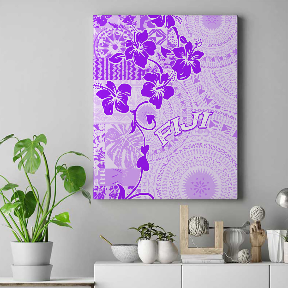 Fiji Masi With Hibiscus Tapa Tribal Canvas Wall Art Purple Pastel LT01 Purple - Polynesian Pride