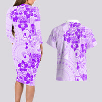 Fiji Masi With Hibiscus Tapa Tribal Couples Matching Long Sleeve Bodycon Dress and Hawaiian Shirt Purple Pastel LT01 - Polynesian Pride