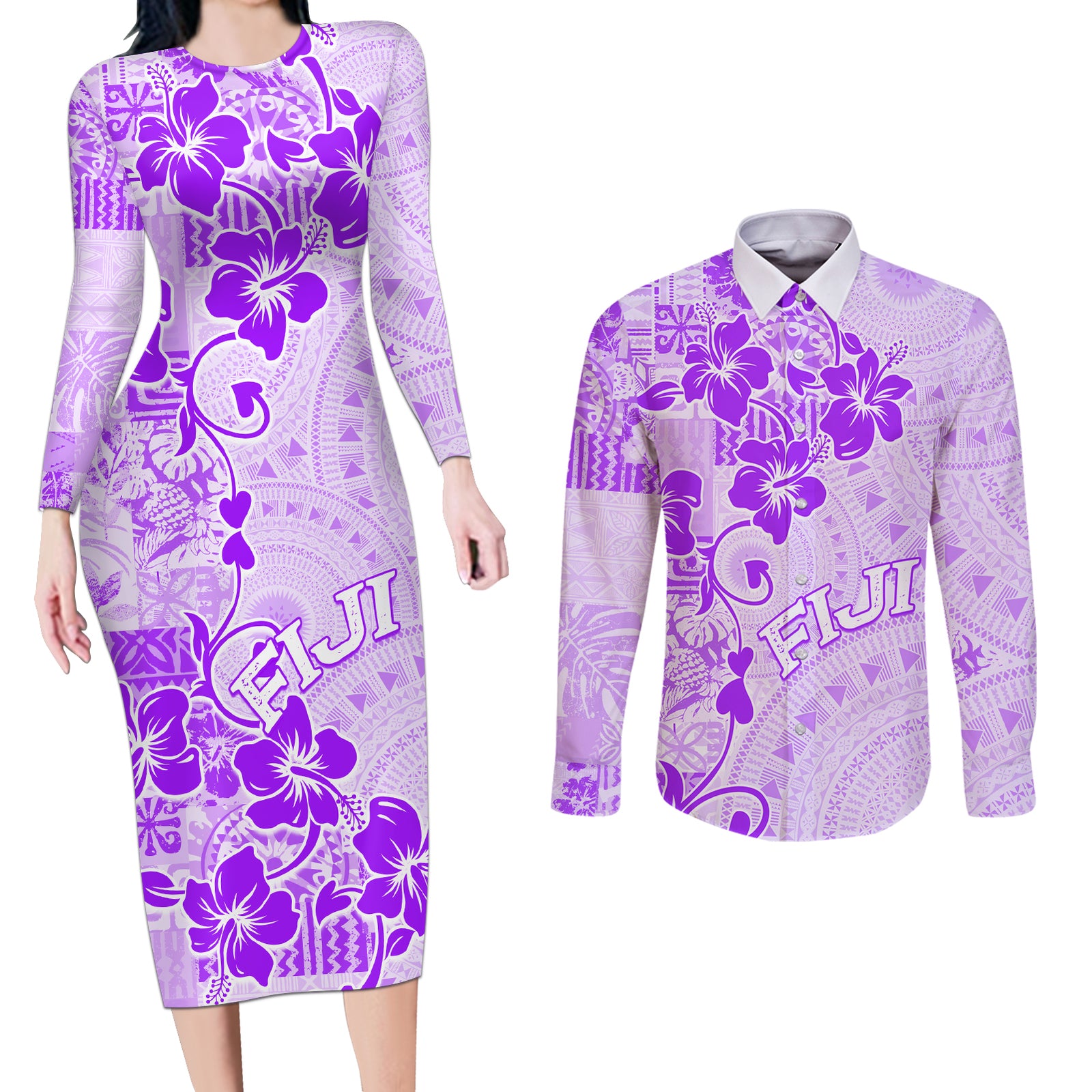 Fiji Masi With Hibiscus Tapa Tribal Couples Matching Long Sleeve Bodycon Dress and Long Sleeve Button Shirt Purple Pastel LT01 Purple - Polynesian Pride