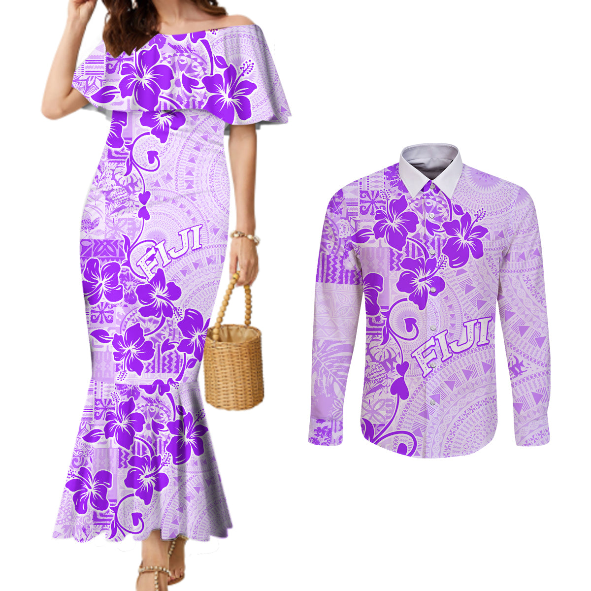 Fiji Masi With Hibiscus Tapa Tribal Couples Matching Mermaid Dress and Long Sleeve Button Shirt Purple Pastel LT01 Purple - Polynesian Pride