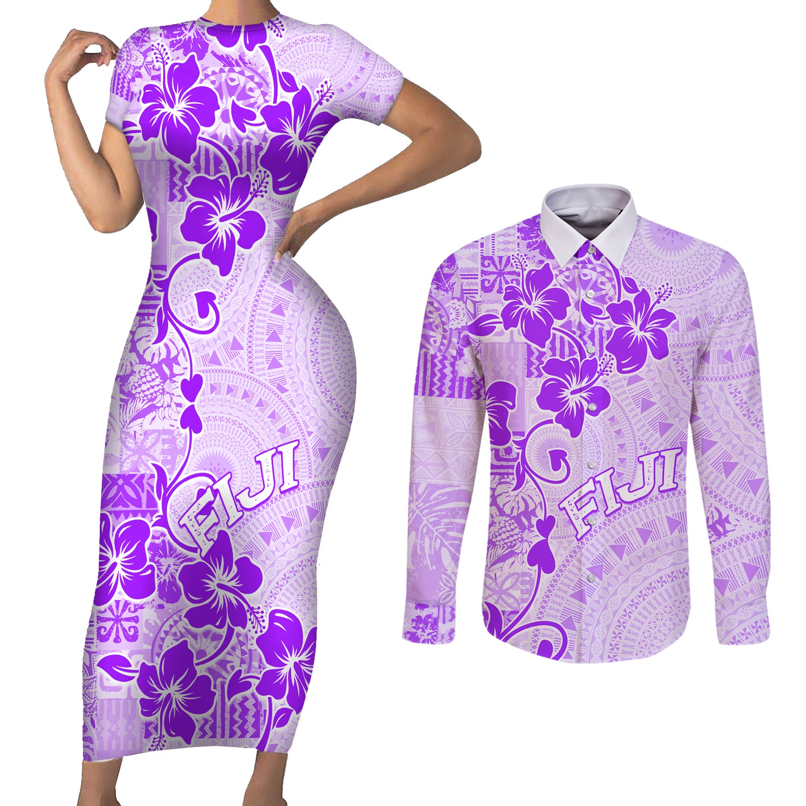 Fiji Masi With Hibiscus Tapa Tribal Couples Matching Short Sleeve Bodycon Dress and Long Sleeve Button Shirt Purple Pastel LT01 Purple - Polynesian Pride