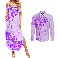Fiji Masi With Hibiscus Tapa Tribal Couples Matching Summer Maxi Dress and Long Sleeve Button Shirt Purple Pastel LT01 Purple - Polynesian Pride