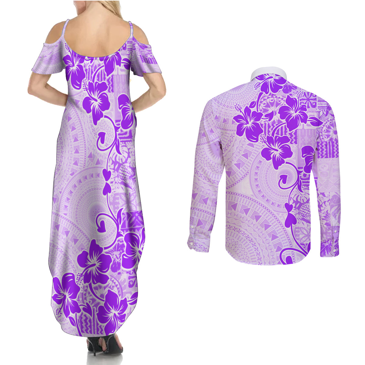 Fiji Masi With Hibiscus Tapa Tribal Couples Matching Summer Maxi Dress and Long Sleeve Button Shirt Purple Pastel LT01 - Polynesian Pride