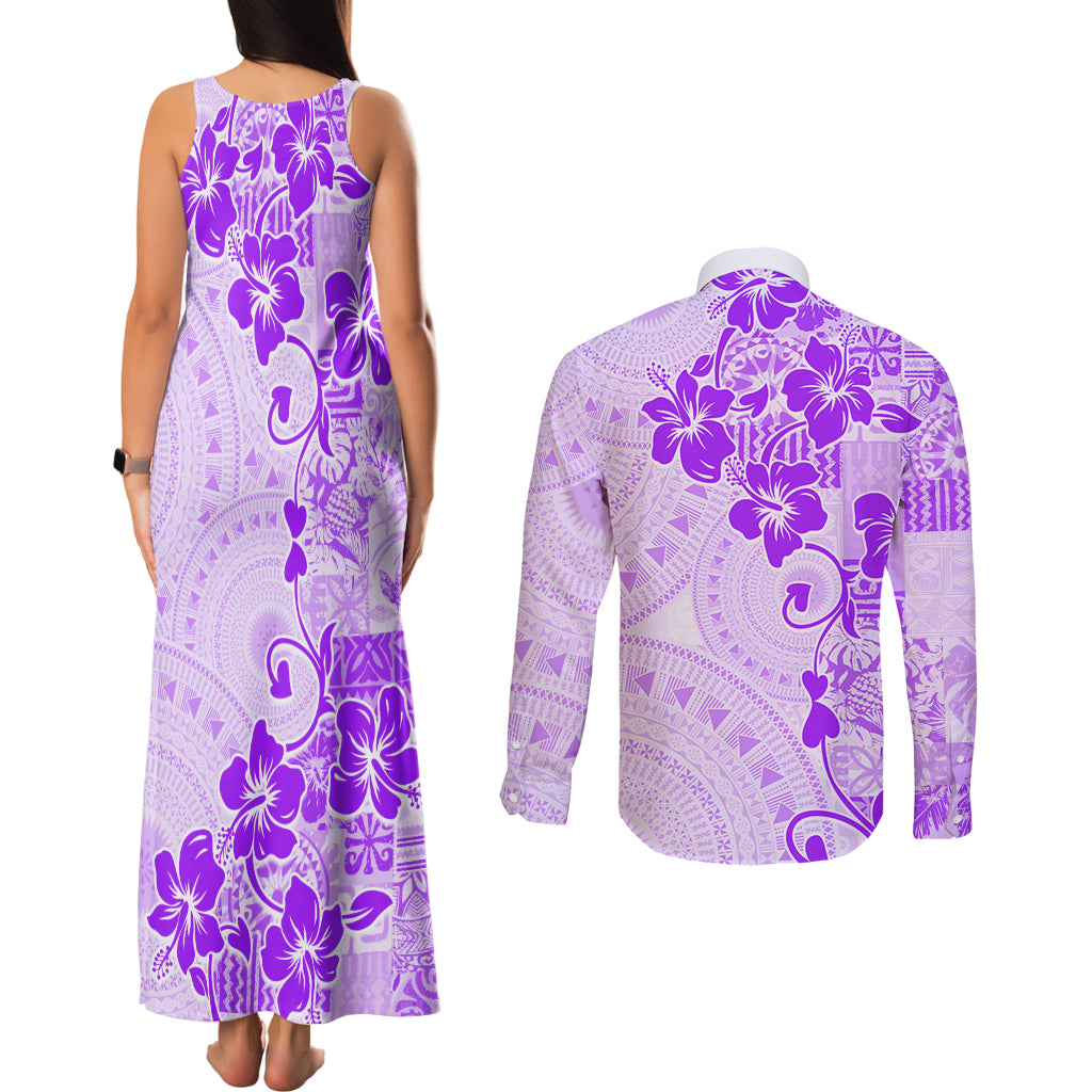 Fiji Masi With Hibiscus Tapa Tribal Couples Matching Tank Maxi Dress and Long Sleeve Button Shirt Purple Pastel LT01 - Polynesian Pride