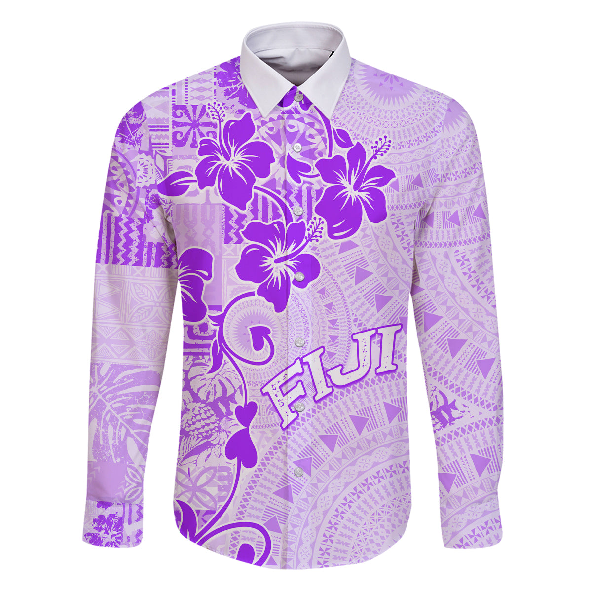 Fiji Masi With Hibiscus Tapa Tribal Family Matching Puletasi Dress and Hawaiian Shirt Purple Pastel LT01 Dad's Shirt - Long Sleeve Purple - Polynesian Pride