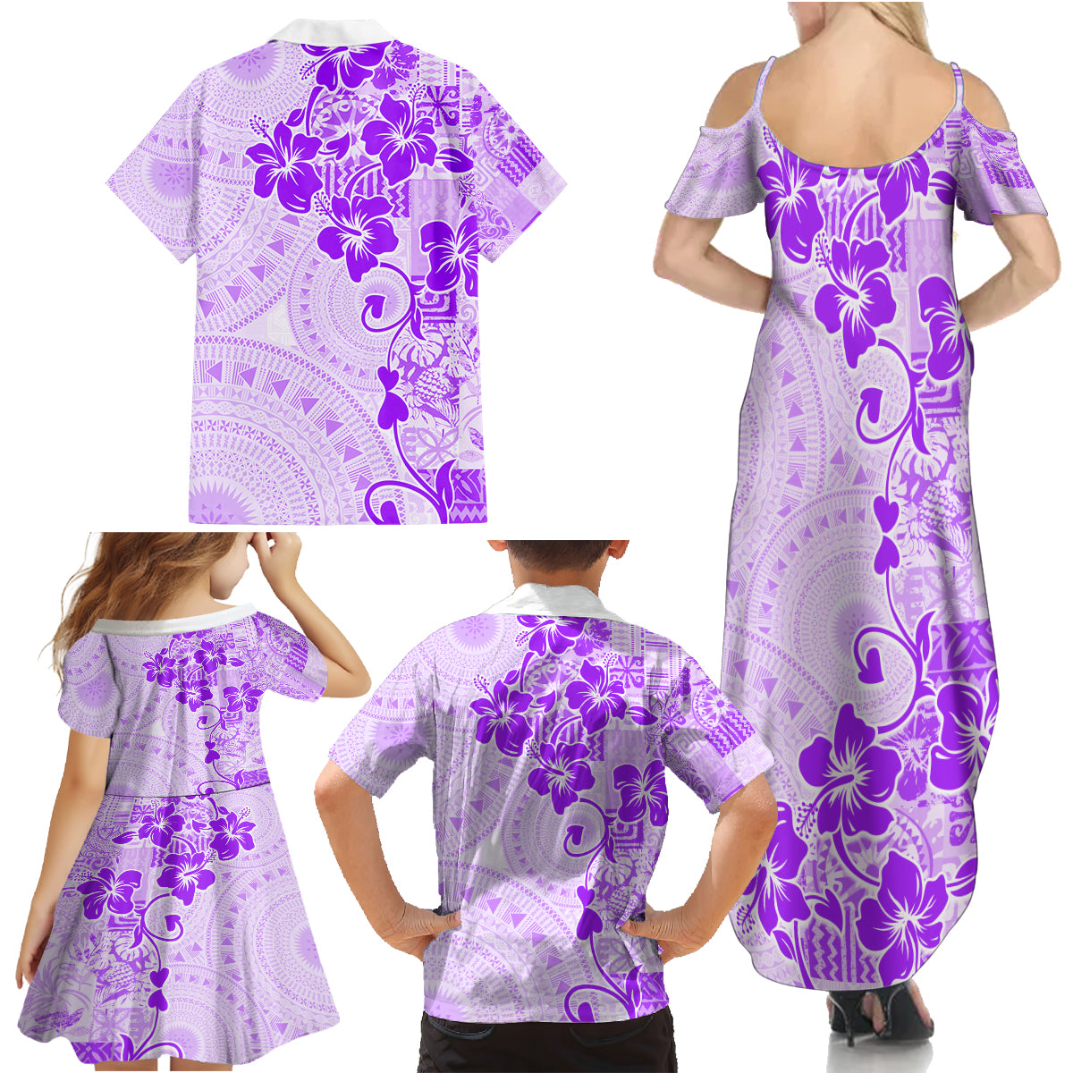 Fiji Masi With Hibiscus Tapa Tribal Family Matching Summer Maxi Dress and Hawaiian Shirt Purple Pastel LT01 - Polynesian Pride