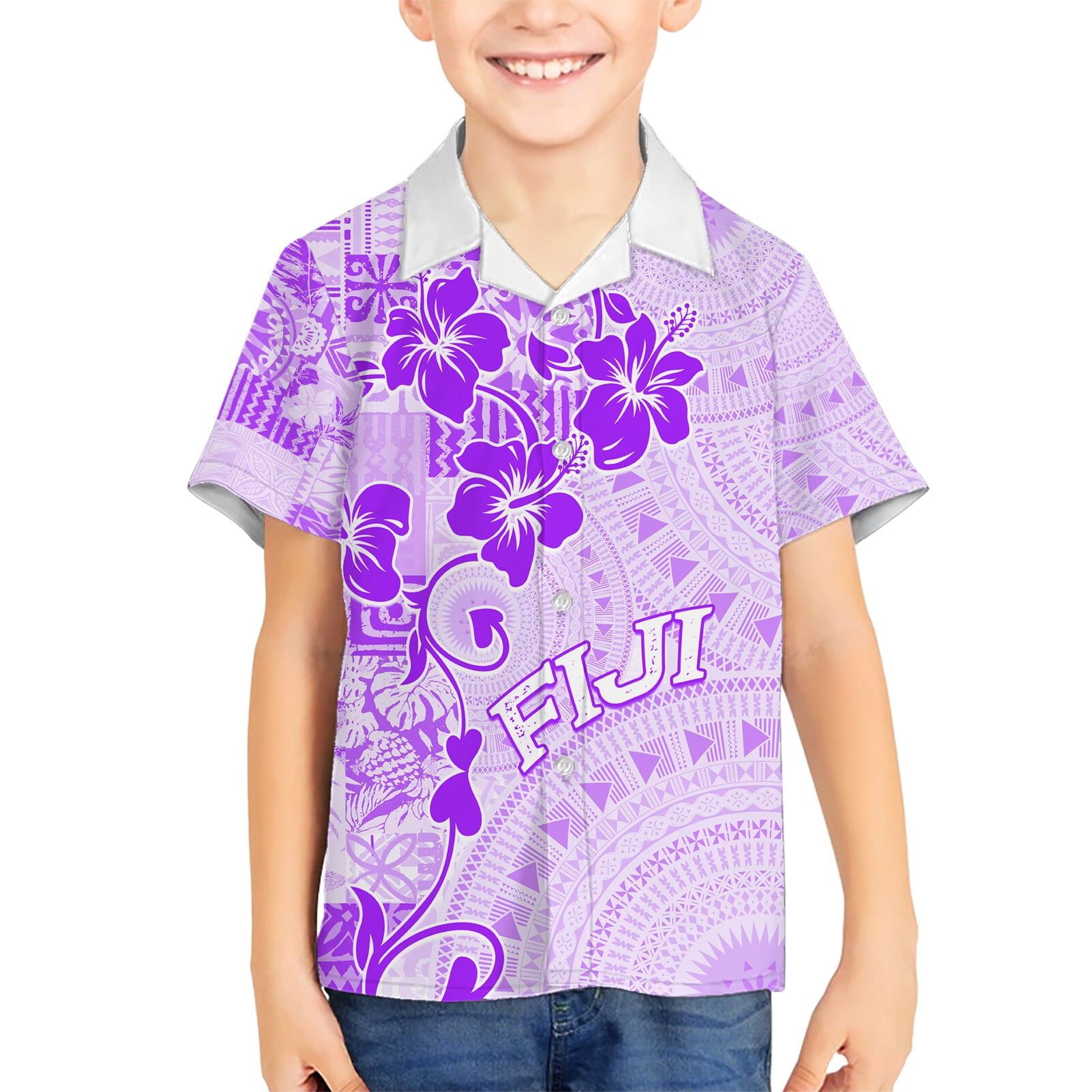 Fiji Masi With Hibiscus Tapa Tribal Kid Hawaiian Shirt Purple Pastel LT01 Kid Purple - Polynesian Pride