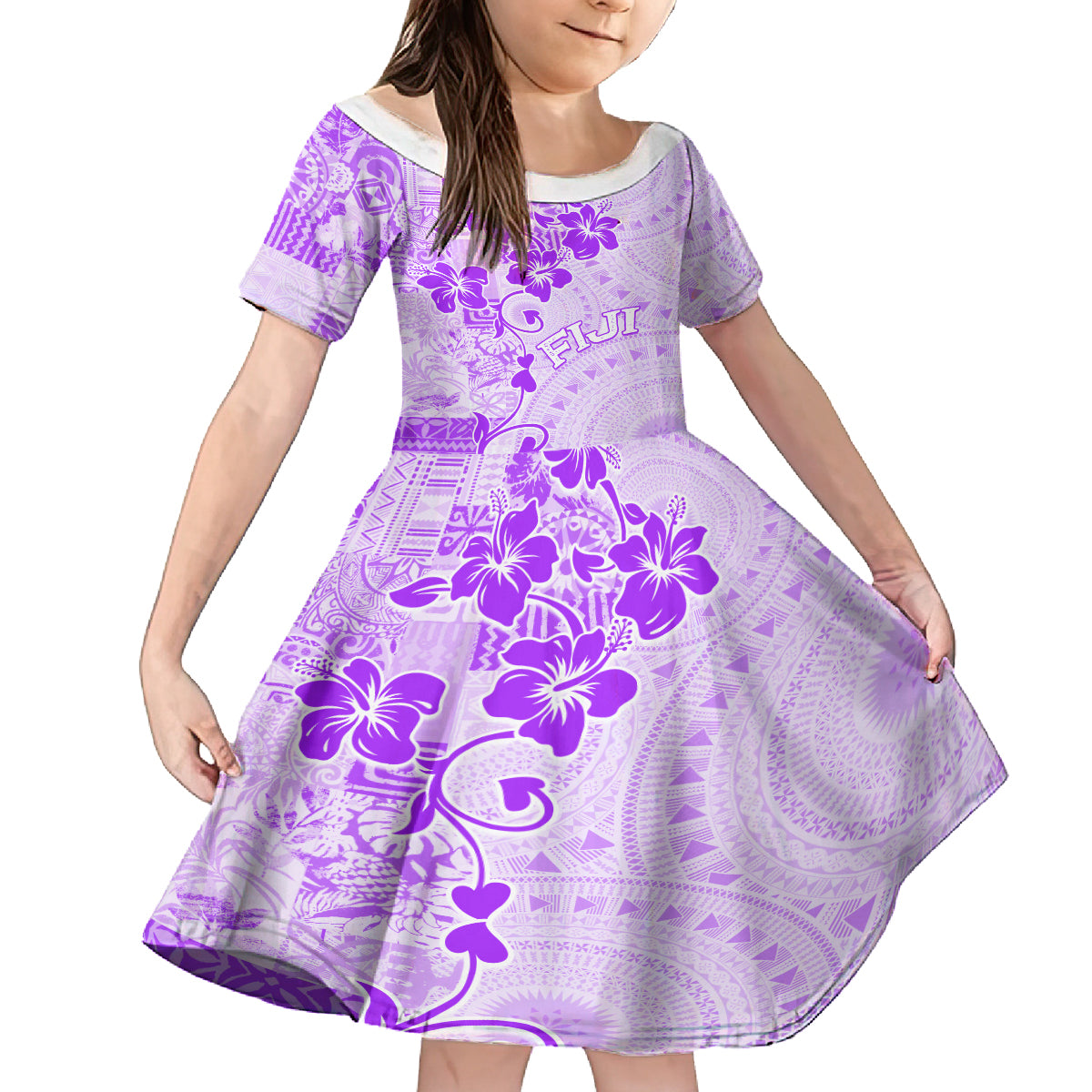 Fiji Masi With Hibiscus Tapa Tribal Kid Short Sleeve Dress Purple Pastel LT01 KID Purple - Polynesian Pride