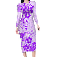 Fiji Masi With Hibiscus Tapa Tribal Long Sleeve Bodycon Dress Purple Pastel LT01 Long Dress Purple - Polynesian Pride