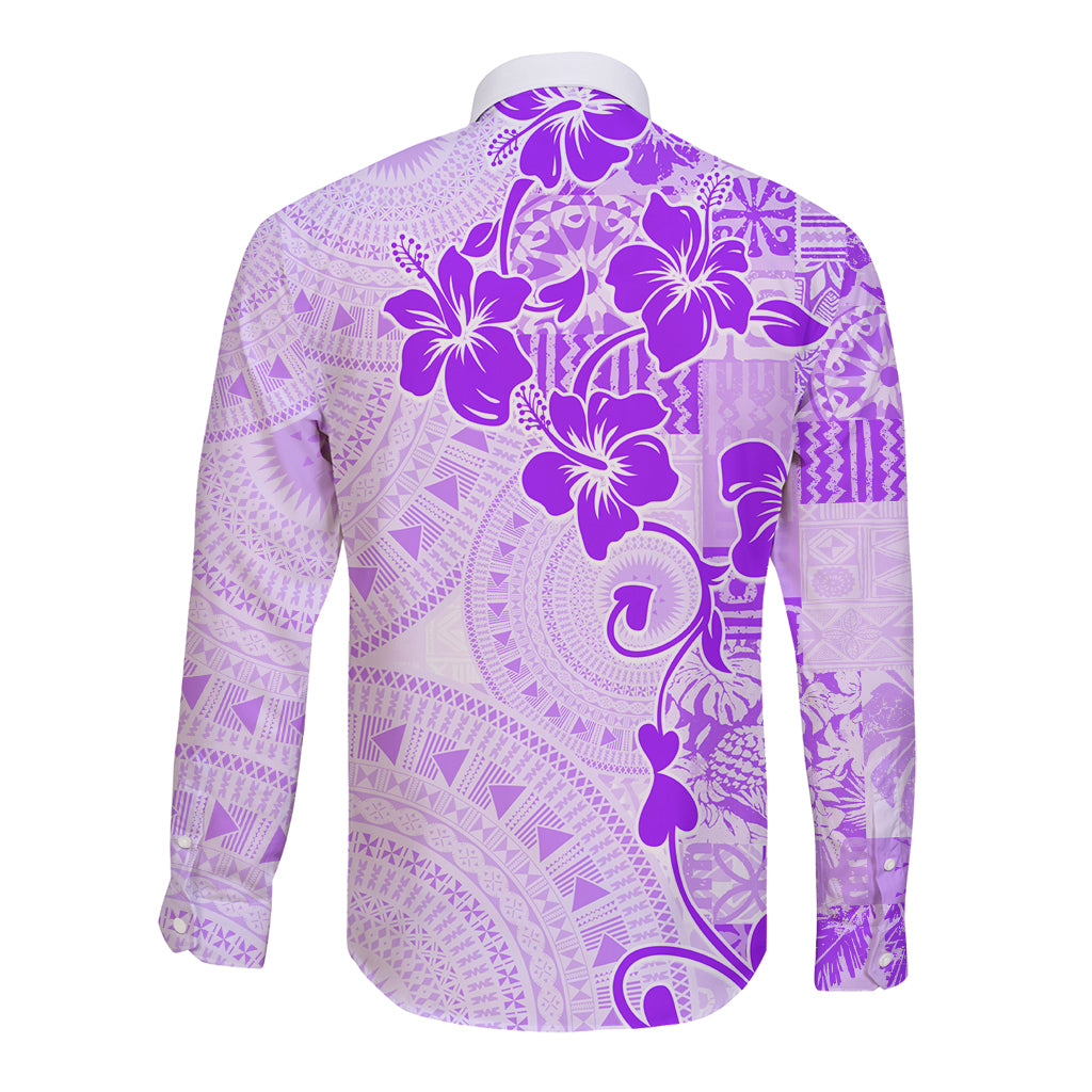 Fiji Masi With Hibiscus Tapa Tribal Long Sleeve Button Shirt Purple Pastel LT01 - Polynesian Pride