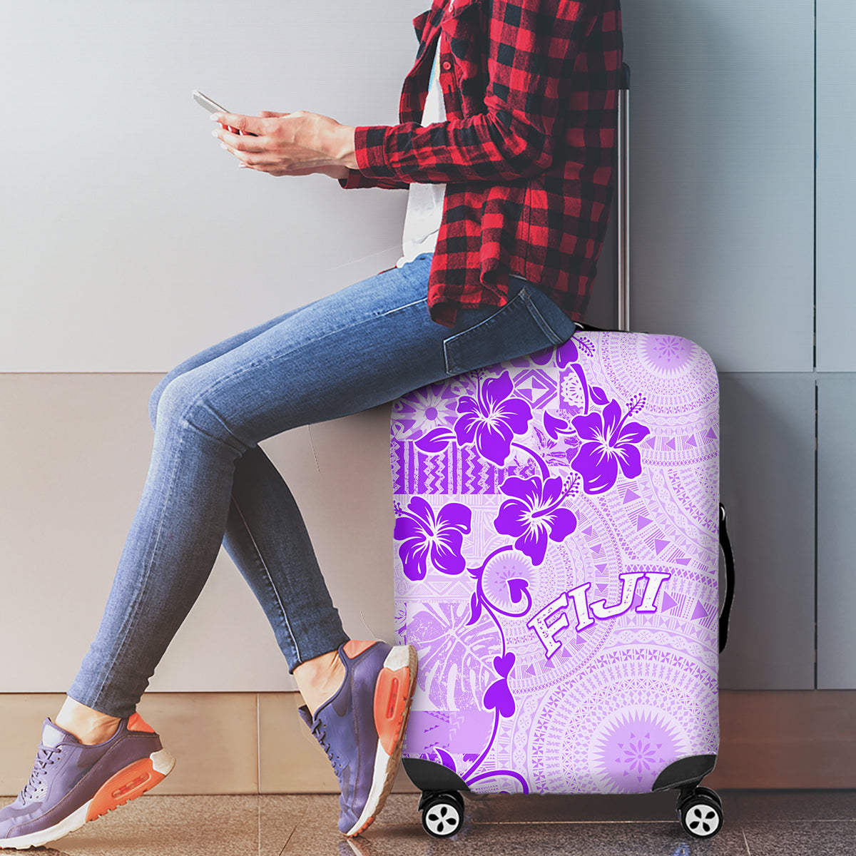 Fiji Masi With Hibiscus Tapa Tribal Luggage Cover Purple Pastel LT01 - Polynesian Pride