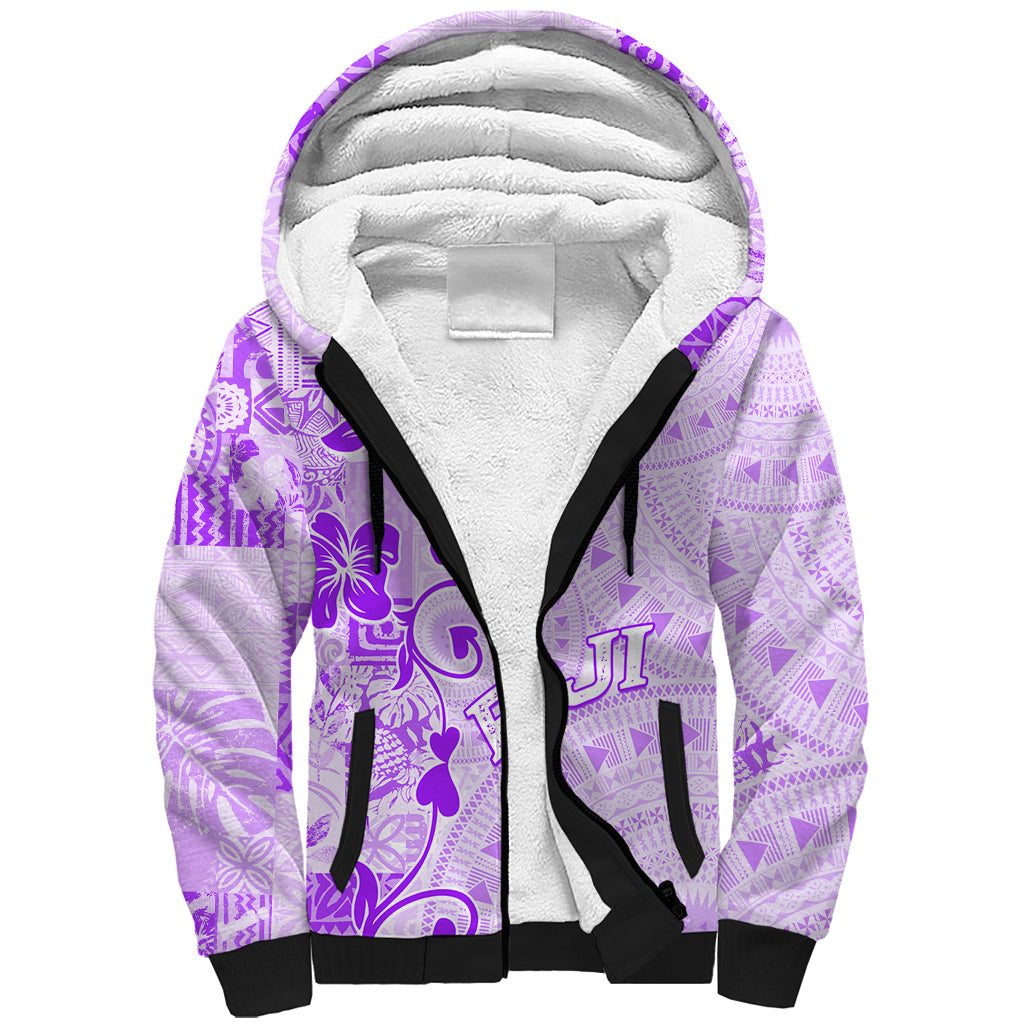 Fiji Masi With Hibiscus Tapa Tribal Sherpa Hoodie Purple Pastel LT01 Unisex Purple - Polynesian Pride