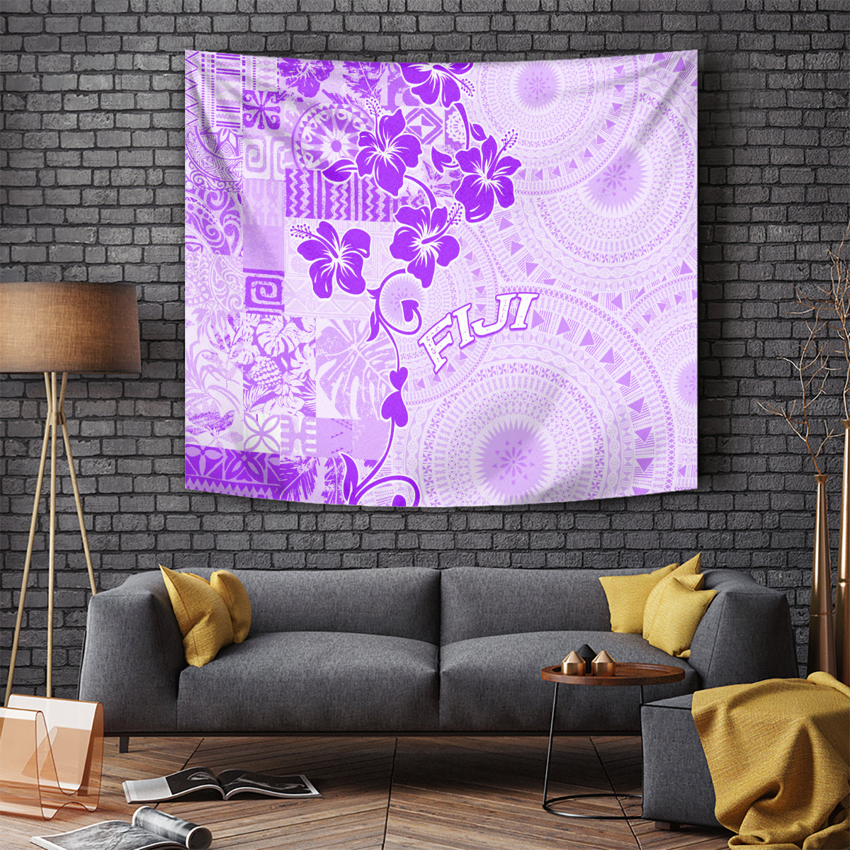 Fiji Masi With Hibiscus Tapa Tribal Tapestry Purple Pastel LT01 Purple - Polynesian Pride