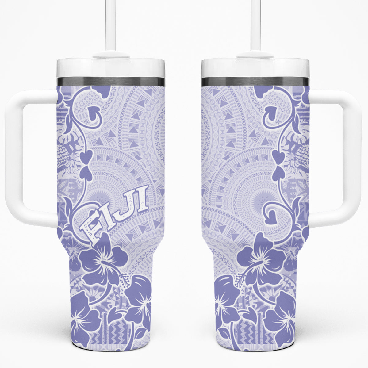 Fiji Masi With Hibiscus Tapa Tribal Tumbler With Handle Purple Pastel