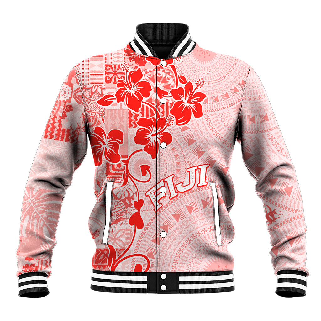 Fiji Masi With Hibiscus Tapa Tribal Baseball Jacket Red Pastel LT01 Unisex Red - Polynesian Pride