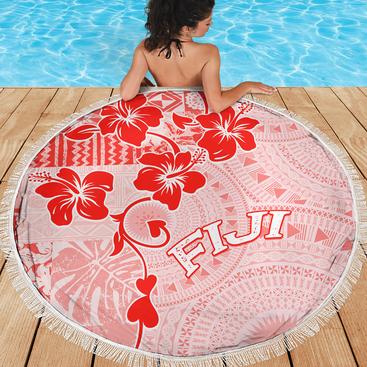 Fiji Masi With Hibiscus Tapa Tribal Beach Blanket Red Pastel LT01 - Polynesian Pride
