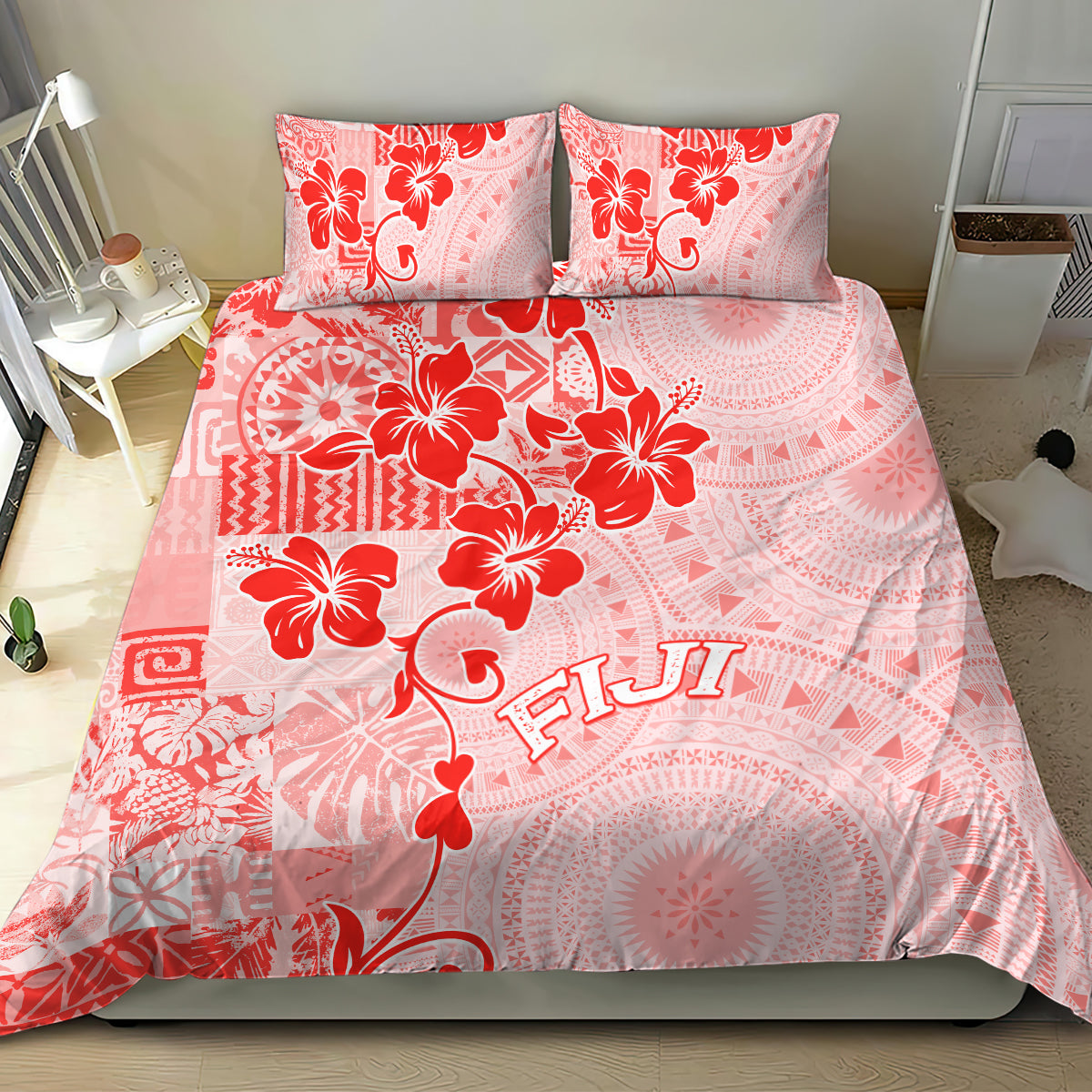 Fiji Masi With Hibiscus Tapa Tribal Bedding Set Red Pastel LT01 - Polynesian Pride