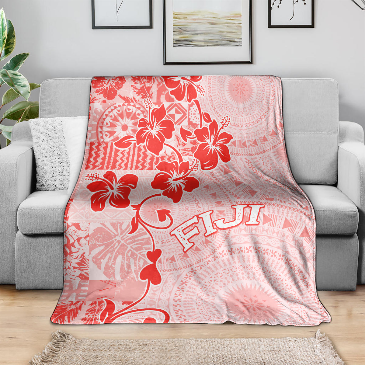Fiji Masi With Hibiscus Tapa Tribal Blanket Red Pastel LT01 - Polynesian Pride