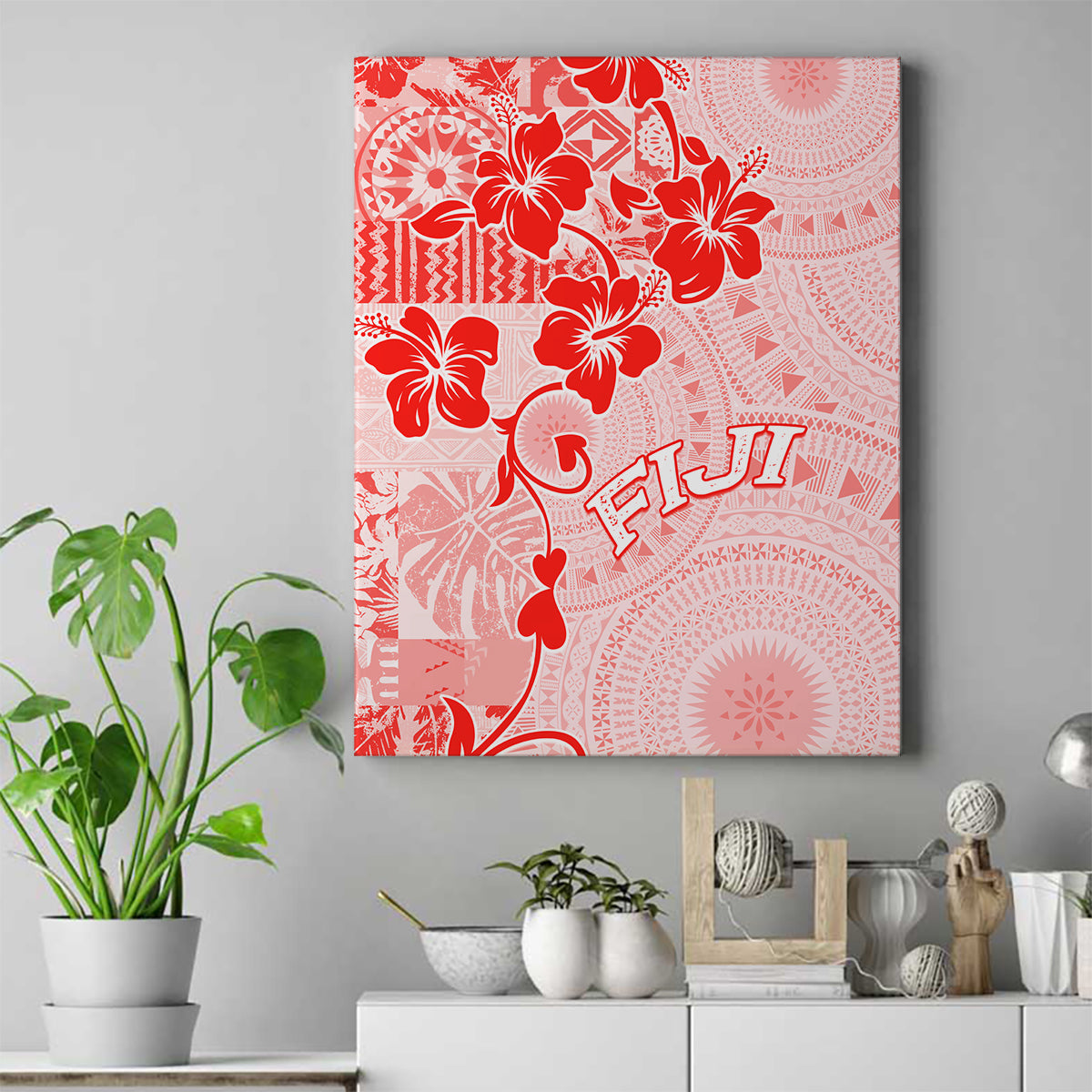 Fiji Masi With Hibiscus Tapa Tribal Canvas Wall Art Red Pastel LT01 Red - Polynesian Pride