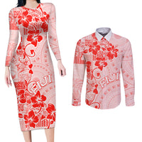 Fiji Masi With Hibiscus Tapa Tribal Couples Matching Long Sleeve Bodycon Dress and Long Sleeve Button Shirt Red Pastel LT01 Red - Polynesian Pride