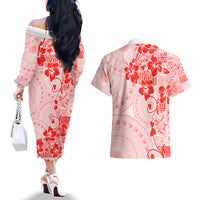 Fiji Masi With Hibiscus Tapa Tribal Couples Matching Off The Shoulder Long Sleeve Dress and Hawaiian Shirt Red Pastel LT01 - Polynesian Pride