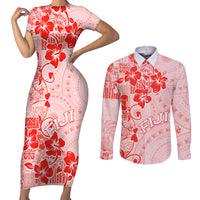 Fiji Masi With Hibiscus Tapa Tribal Couples Matching Short Sleeve Bodycon Dress and Long Sleeve Button Shirt Red Pastel LT01 Red - Polynesian Pride