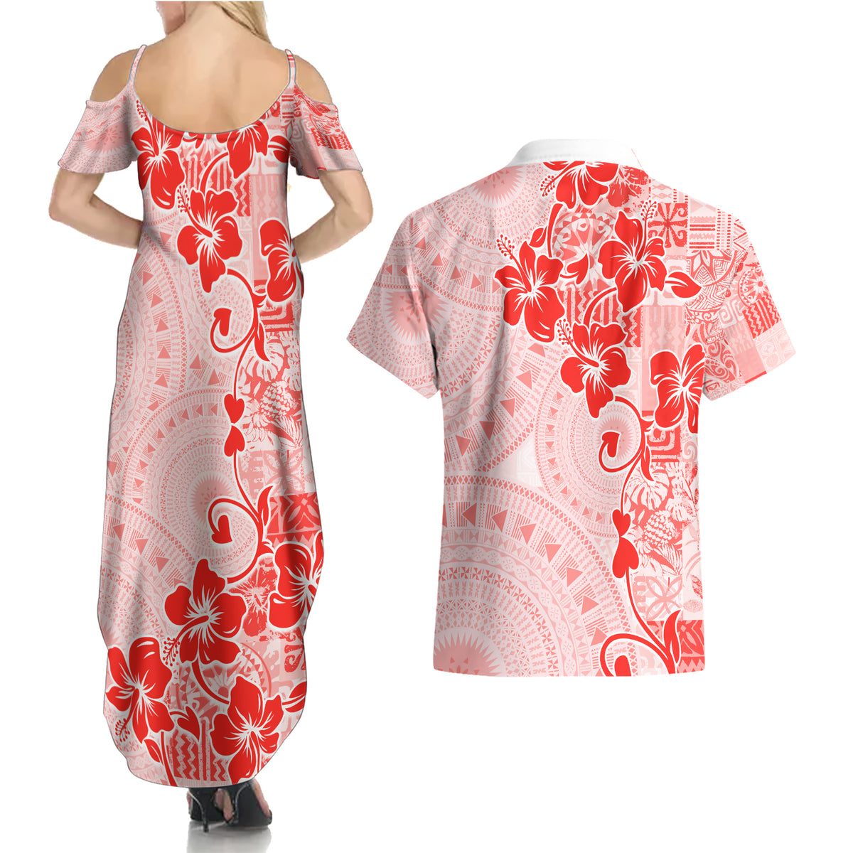 Fiji Masi With Hibiscus Tapa Tribal Couples Matching Summer Maxi Dress and Hawaiian Shirt Red Pastel LT01 - Polynesian Pride