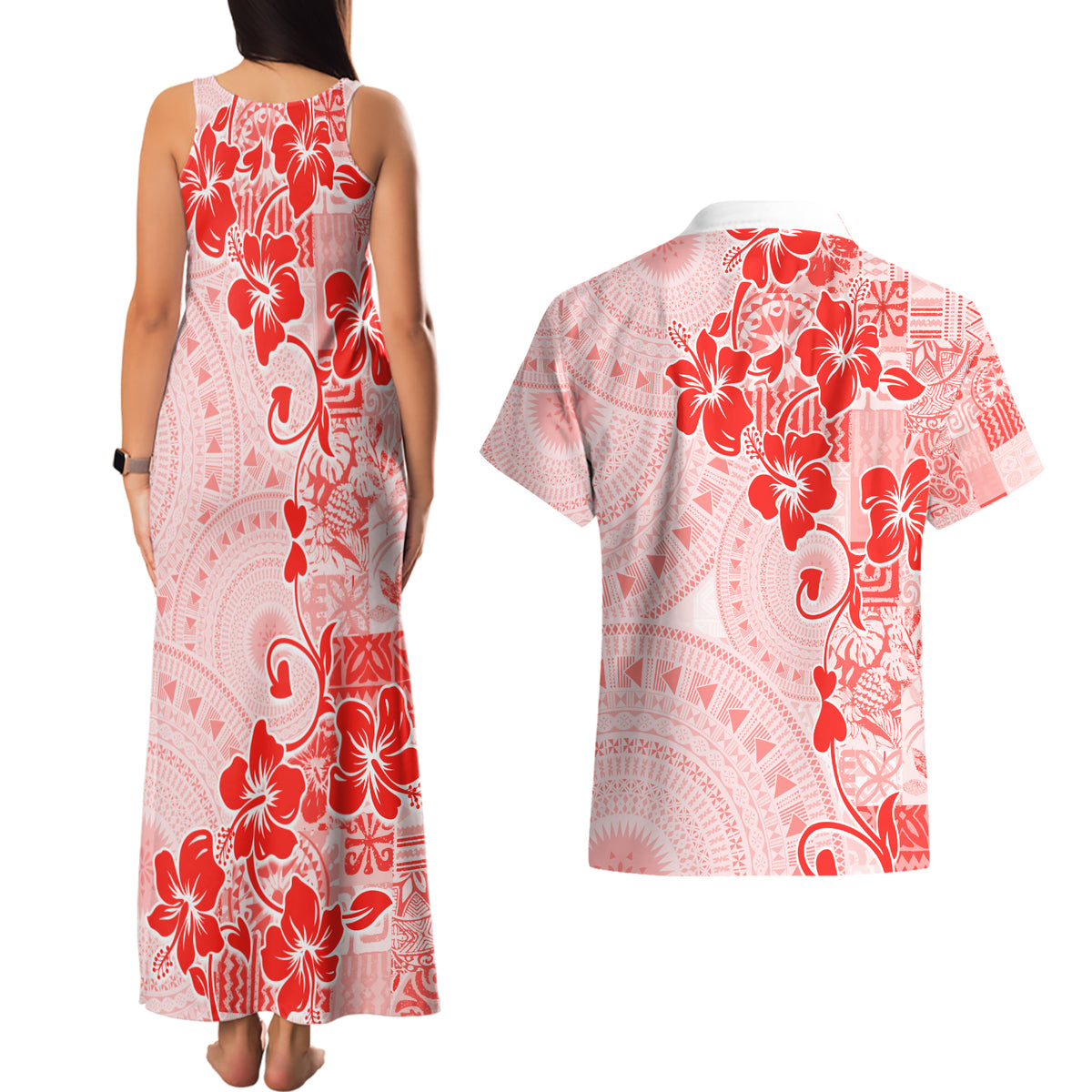 Fiji Masi With Hibiscus Tapa Tribal Couples Matching Tank Maxi Dress and Hawaiian Shirt Red Pastel LT01 - Polynesian Pride