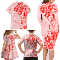 Fiji Masi With Hibiscus Tapa Tribal Family Matching Long Sleeve Bodycon Dress and Hawaiian Shirt Red Pastel LT01 - Polynesian Pride