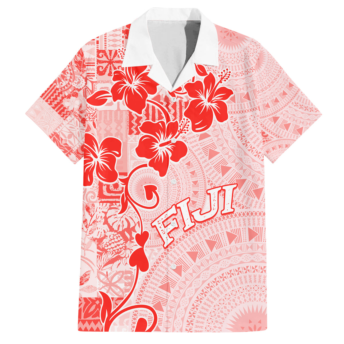 Fiji Masi With Hibiscus Tapa Tribal Family Matching Long Sleeve Bodycon Dress and Hawaiian Shirt Red Pastel LT01 Dad's Shirt - Short Sleeve Red - Polynesian Pride