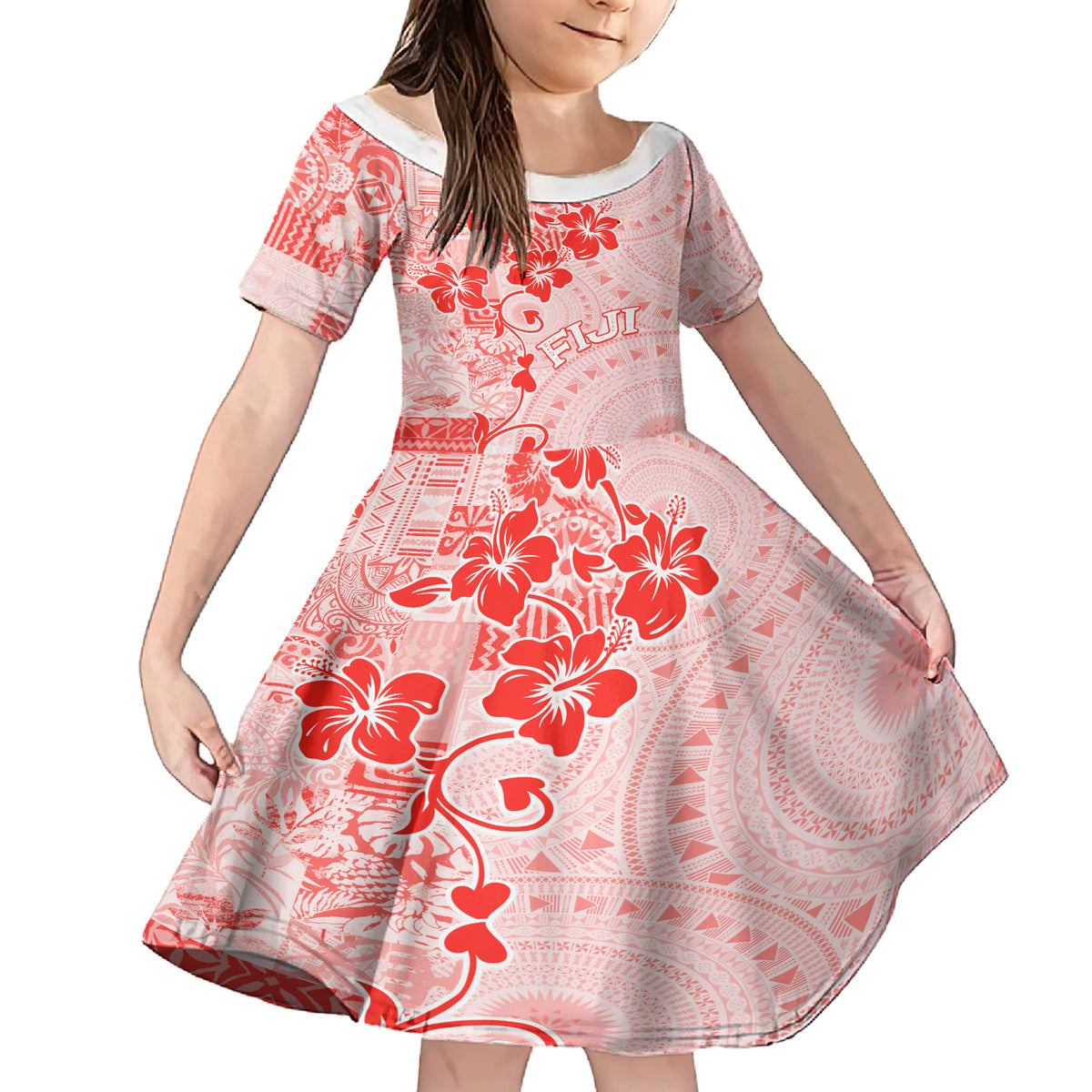 Fiji Masi With Hibiscus Tapa Tribal Family Matching Short Sleeve Bodycon Dress and Hawaiian Shirt Red Pastel LT01 Daughter's Dress Red - Polynesian Pride