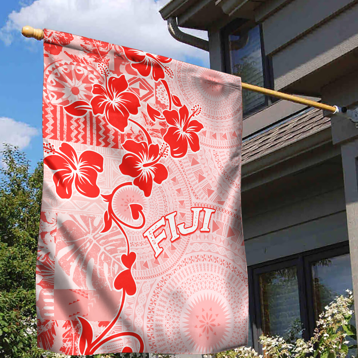Fiji Masi With Hibiscus Tapa Tribal Garden Flag Red Pastel LT01 - Polynesian Pride