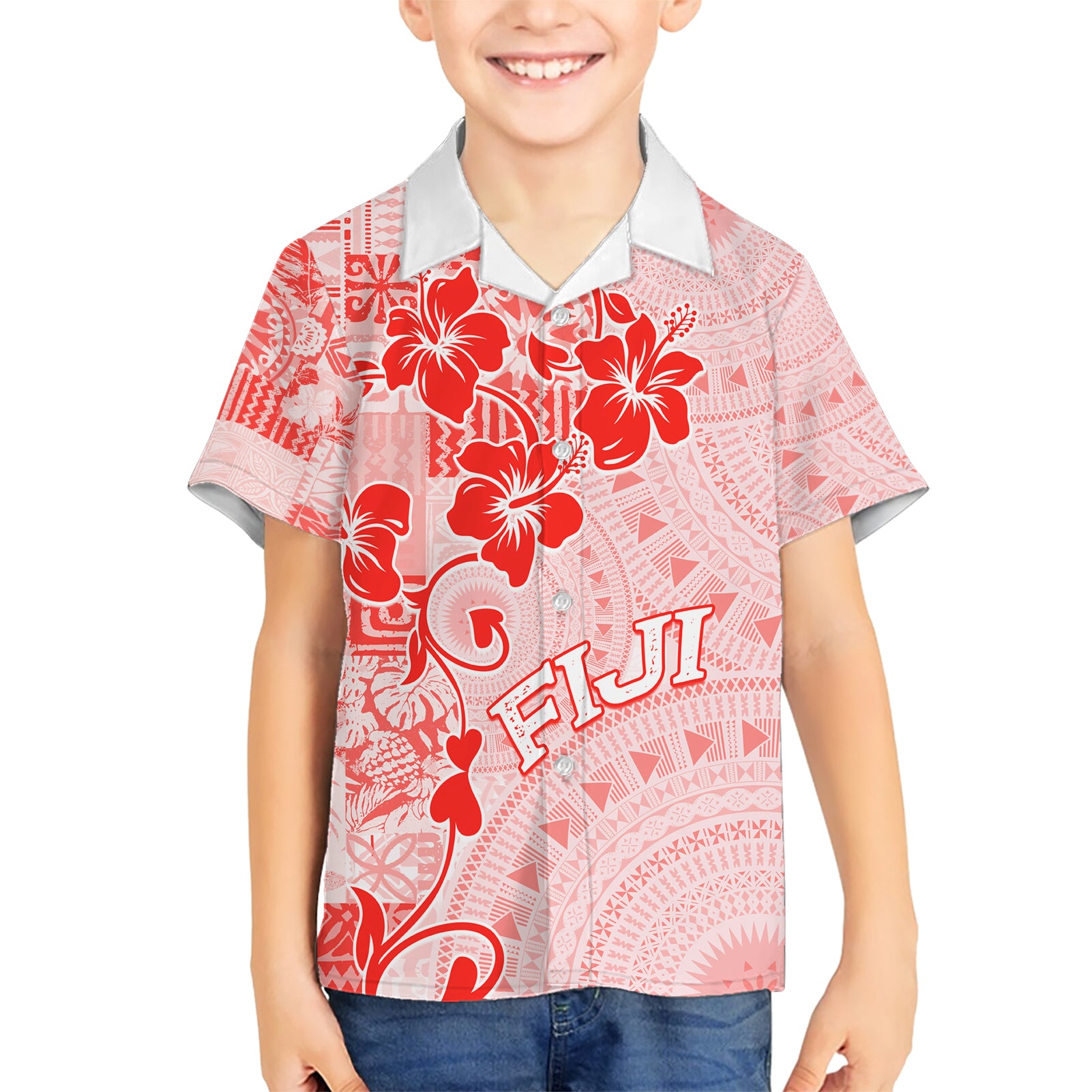 Fiji Masi With Hibiscus Tapa Tribal Kid Hawaiian Shirt Red Pastel LT01 Kid Red - Polynesian Pride