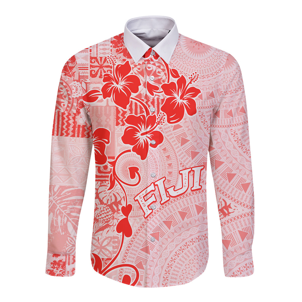 Fiji Masi With Hibiscus Tapa Tribal Long Sleeve Button Shirt Red Pastel LT01 Unisex Red - Polynesian Pride