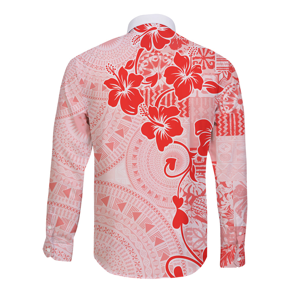 Fiji Masi With Hibiscus Tapa Tribal Long Sleeve Button Shirt Red Pastel LT01 - Polynesian Pride