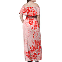 Fiji Masi With Hibiscus Tapa Tribal Off Shoulder Maxi Dress Red Pastel LT01 - Polynesian Pride