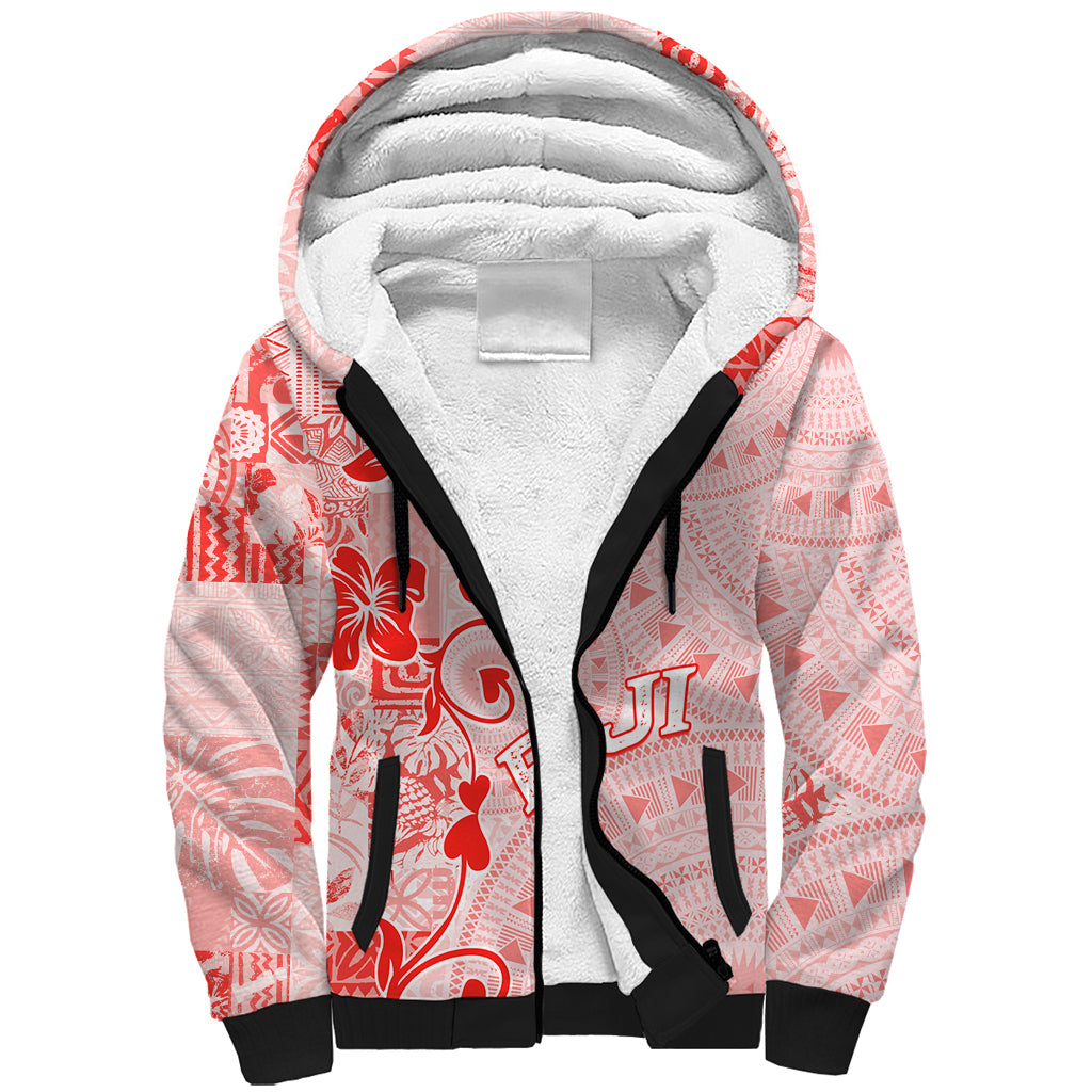 Fiji Masi With Hibiscus Tapa Tribal Sherpa Hoodie Red Pastel LT01 Unisex Red - Polynesian Pride